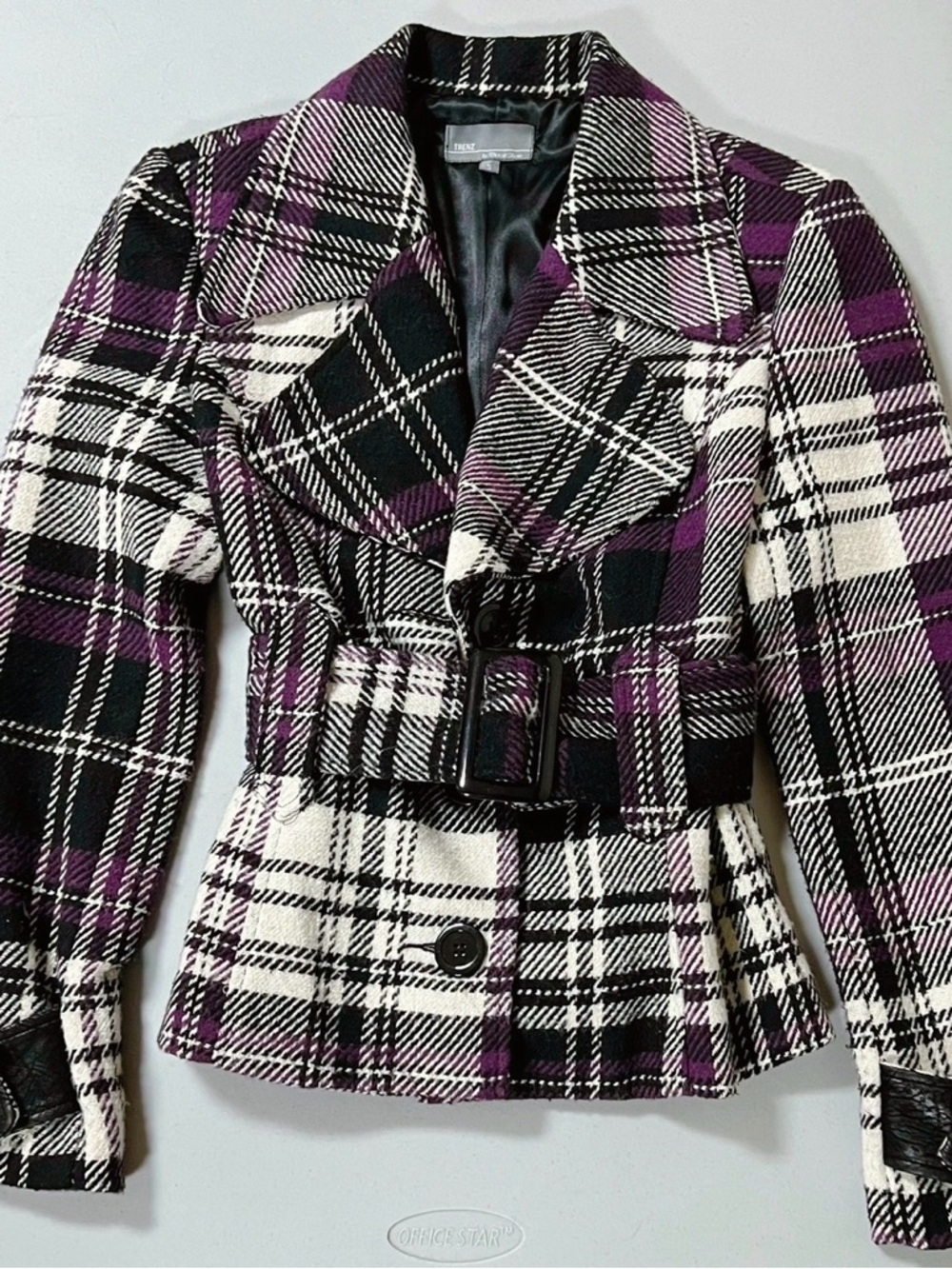 Trenz Purple Black Plaid Belted Collared Winter Jacket Coat Outerwear Size S 💜🖤